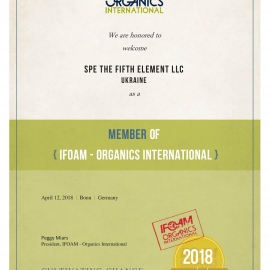 SPE THE FIFTH ELEMENT LLC has become a member of IFOAM - the International Federation of Organic Agricultural Movements (IFOAM) worldwide and individually in Europe.